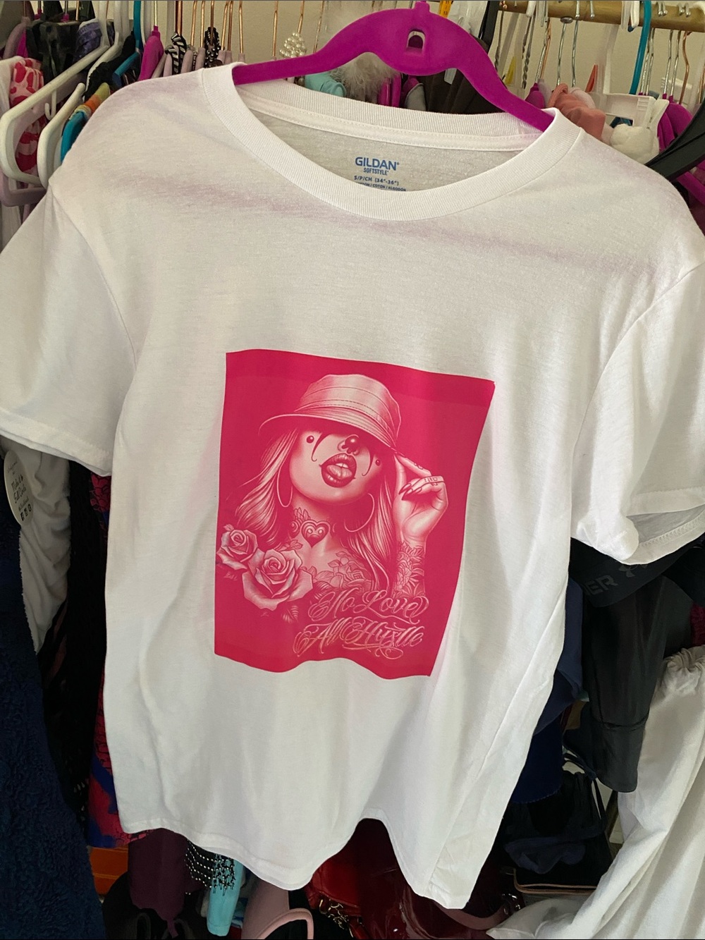 Gildan White Short-Sleeve Tee with Hot Pink Graphic